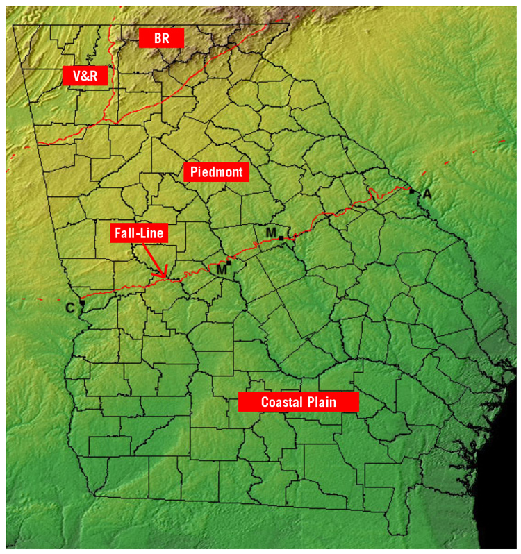 Regions of the state of Georgia with the fall-line indicated, which runs from Columbus through Macon and Milledgeville to Augusta.