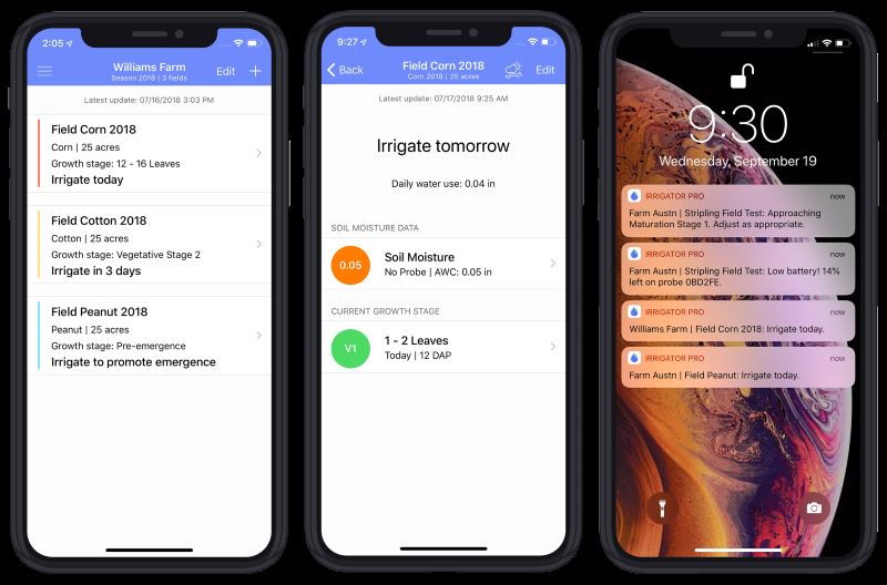 three iPhone screenshots of Irrigator Pro irrigation application