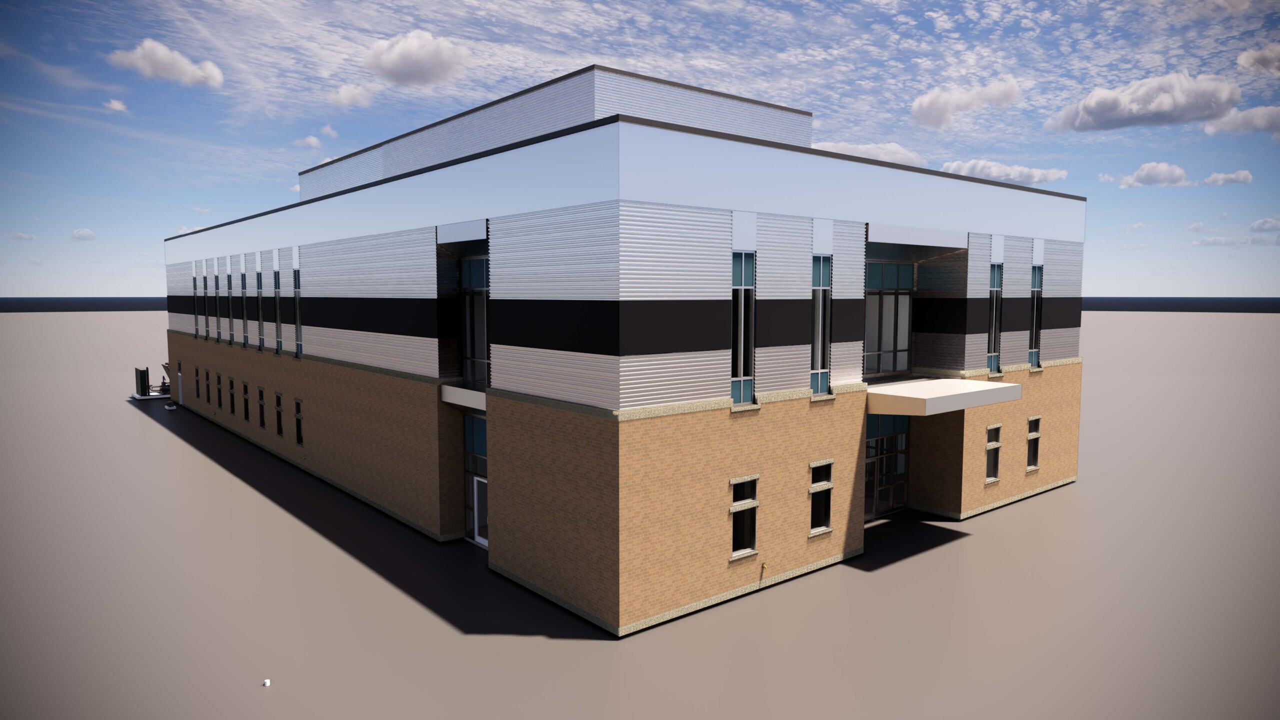 A rendering of a rectangular, two story building