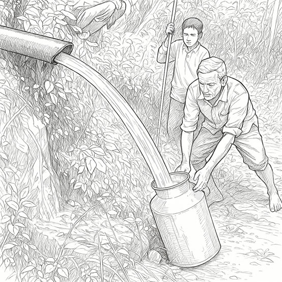 a man performing the bucket method for example purposes as a child watches