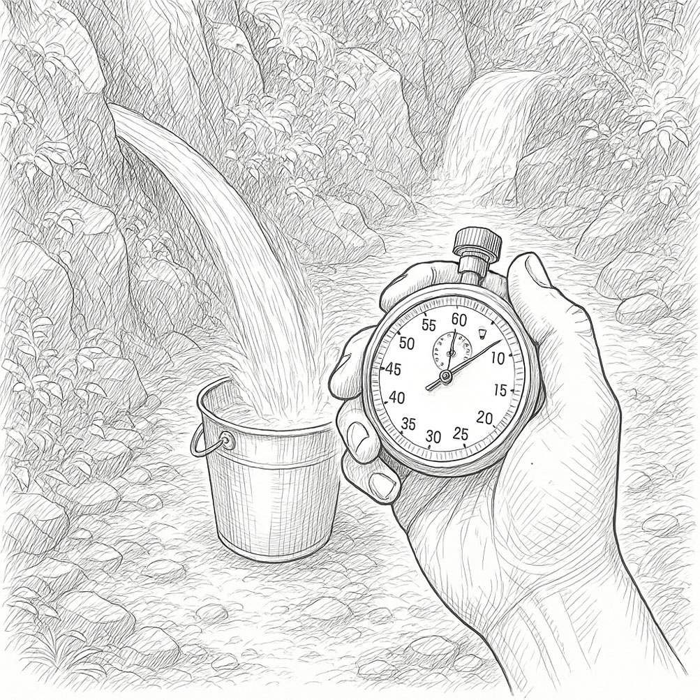 a digital line drawing featuring a hand holding a stopwatch and a bucket resting in a creek bed as it fills from a natural waterfall