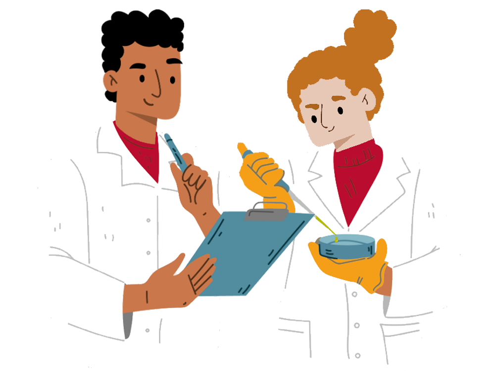 A graphic illustration of two scientists reviewing notes on a clipboard.