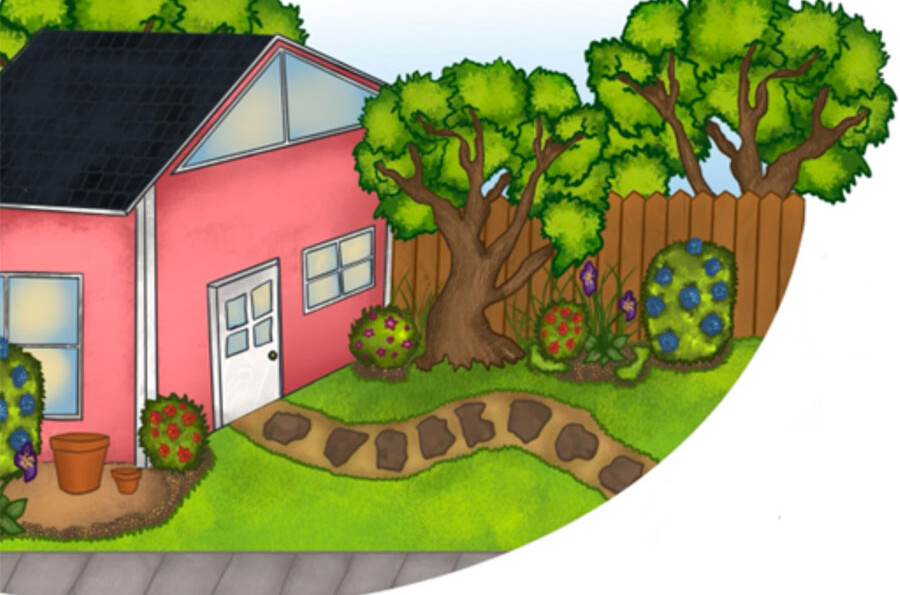 An illustration of a home with a garden in the front yard, lined with a sidewalk.