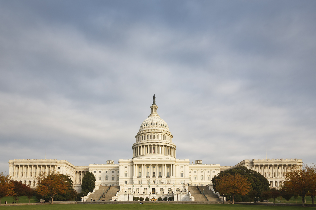United States Capitol Building at sunset in autumn.