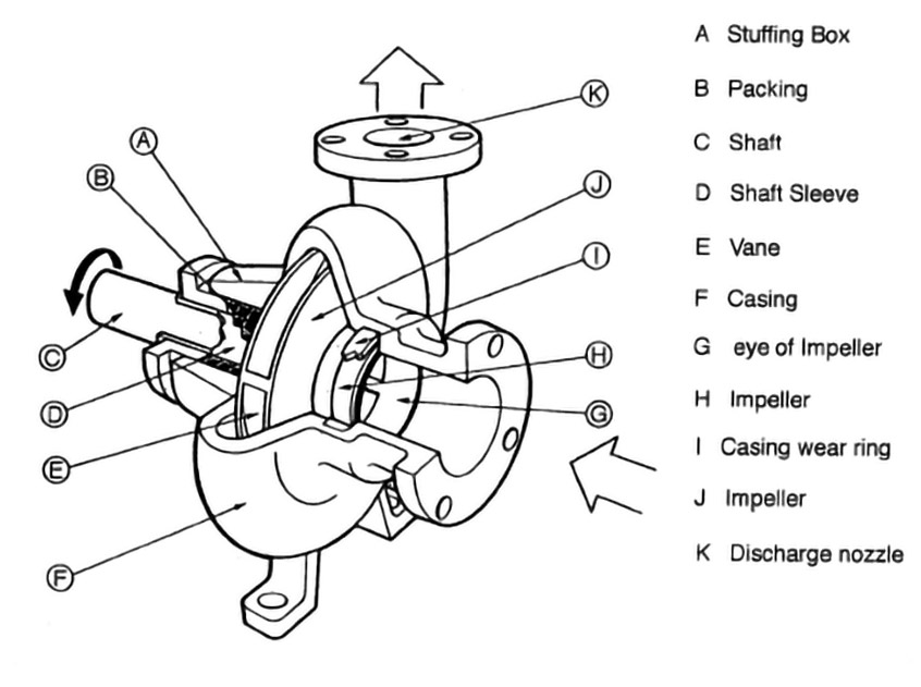 Centrifugal pump with parts labeled and motor and flow movement marked by arrows.
