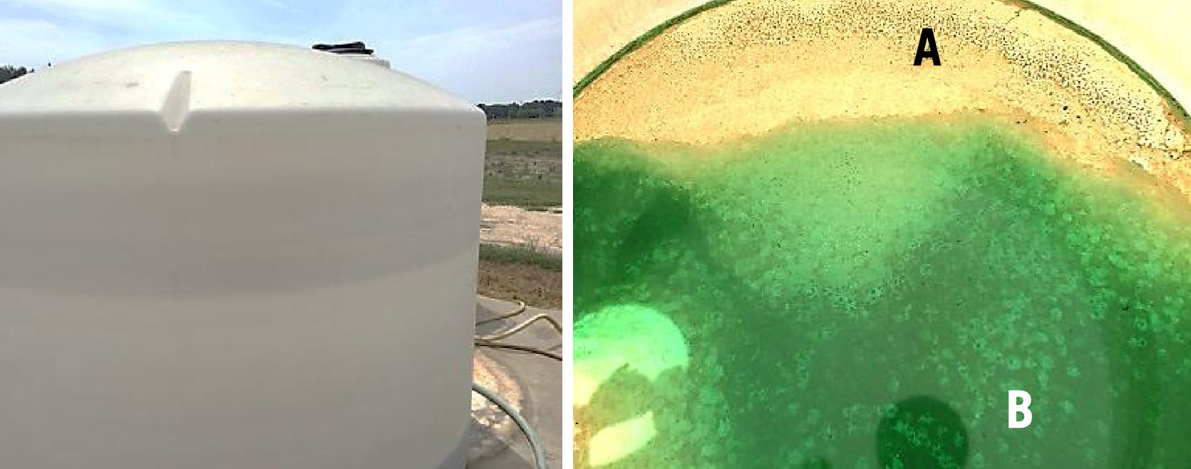 a fertilizer tank that has not been winterized, shown from the outside on the left and from the inside on the right. The inside has a crust of salt deposits above the water level and clusters of precipitate sunk to the bottom of the tank.