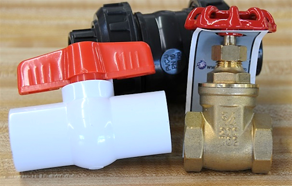 a PVC gate valve and a brass metal ball valve