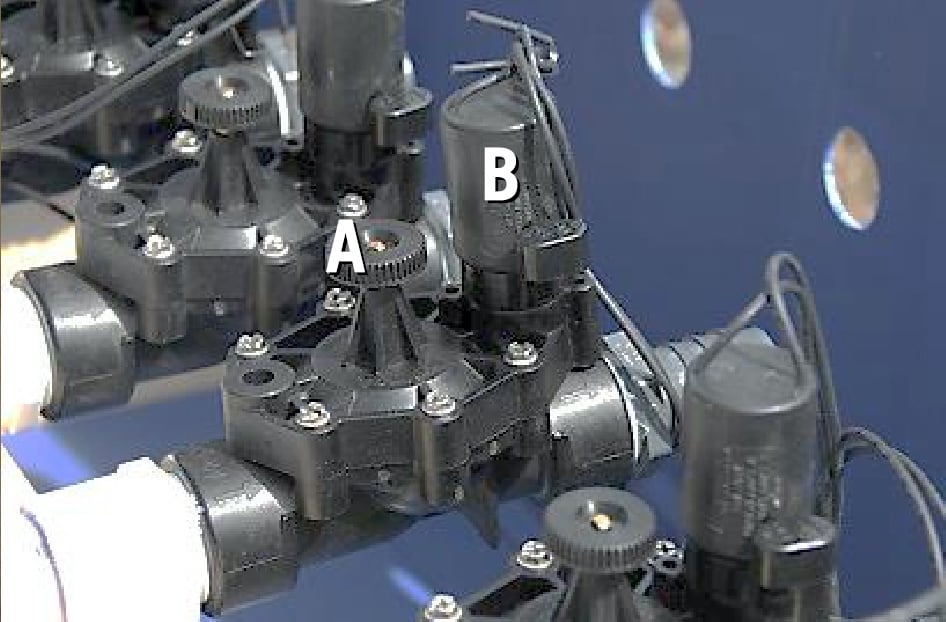 solenoid valve with the bleeder knob (A) and solenoid (B) indicated