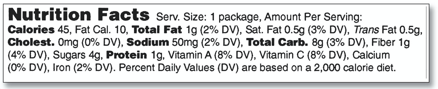 Linear string display of a Nutrition Facts label used when tabular format does not fit on small packaging
