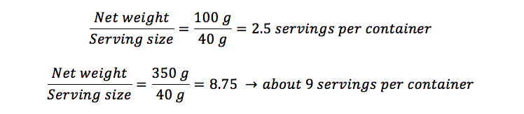 Calculation showing net weight divided by serving size to determine servings per container, with rounding rules applied