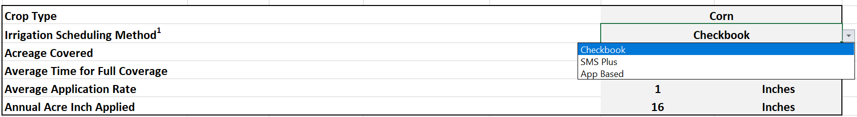 Drop-down menu in the irrigation budget spreadsheet showing irrigation scheduling methods: Checkbook, SMS Plus, and App-Based