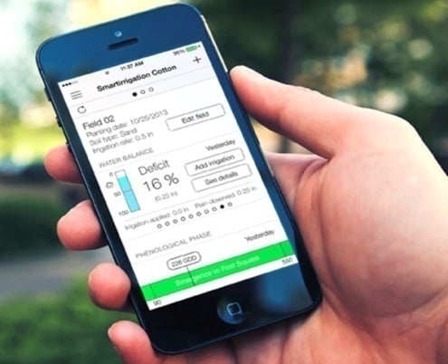 Smartphone screen showing the UGA Extension smart irrigation cotton app interface