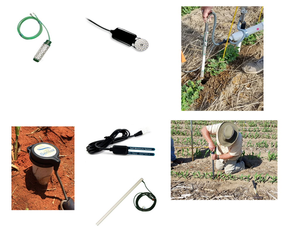 Soil moisture sensor system installed in a crop field showing the base station and probe components