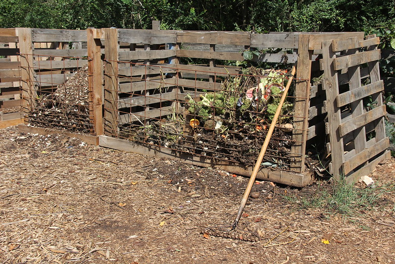 A compost pile with food waste and a rake in the foreground