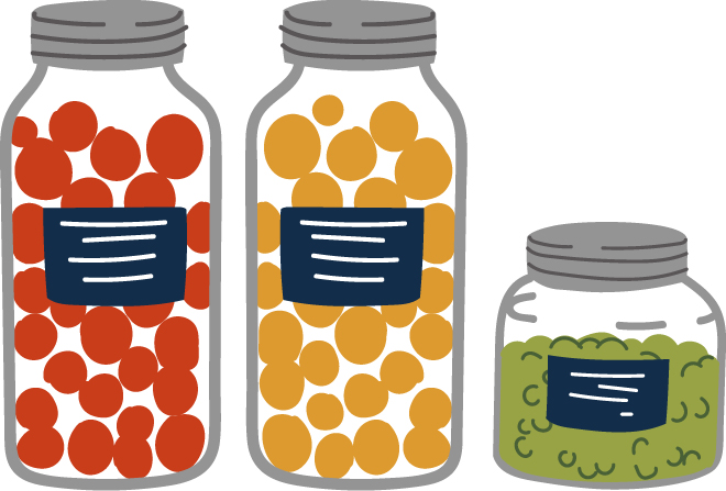 different sizes of jars hold different seeds illustration
