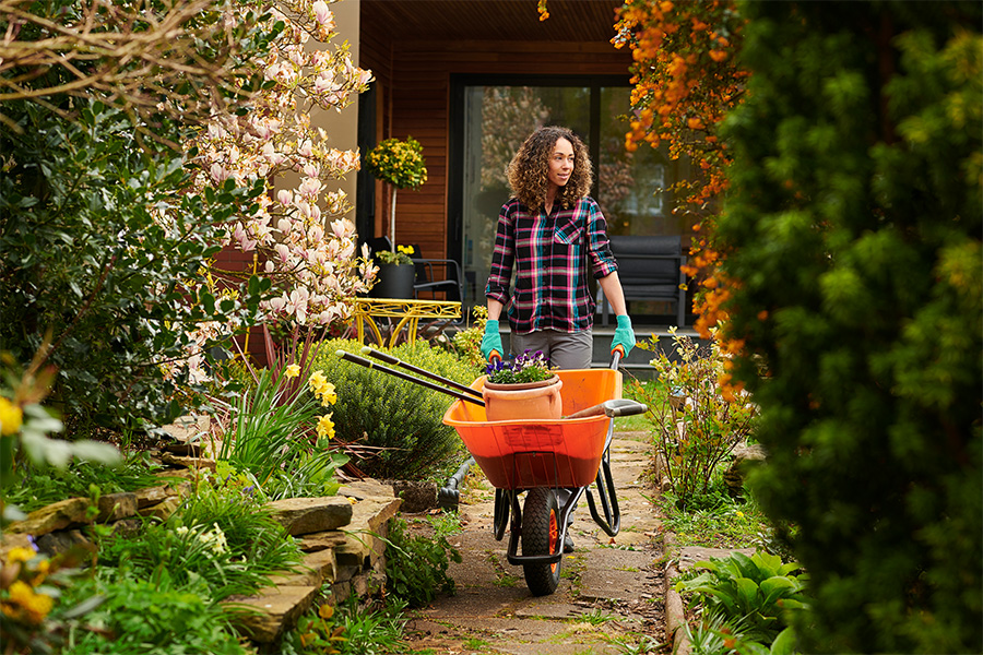 A woman with a wheelbarrow walks through her garden on a path