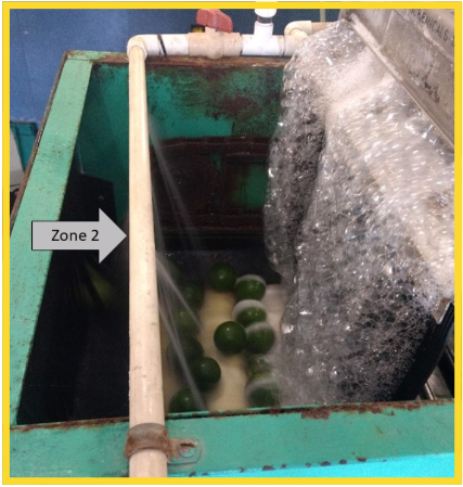 A pipe suspended over a machine processing fruit.