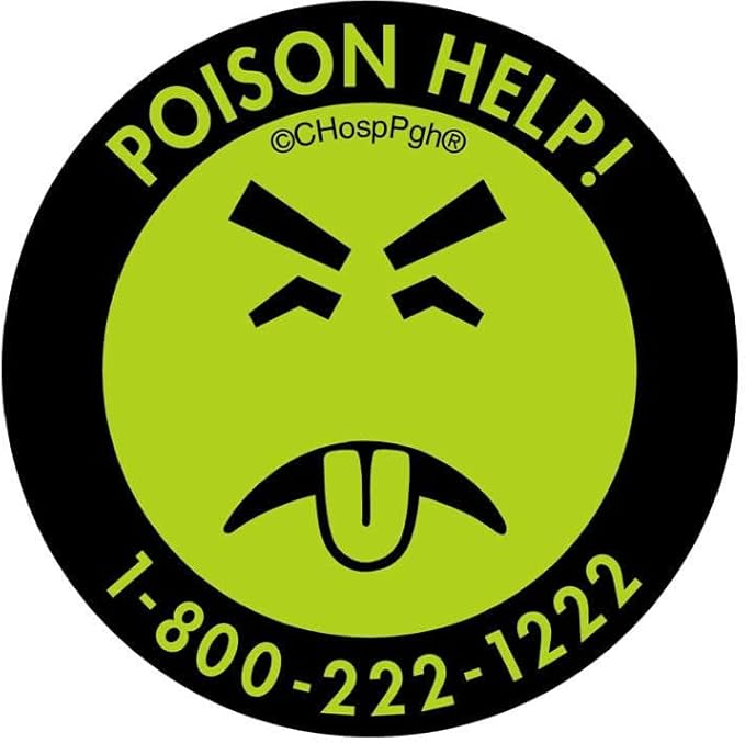 Green and black Mr. Yuk sticker with Poison control phone number