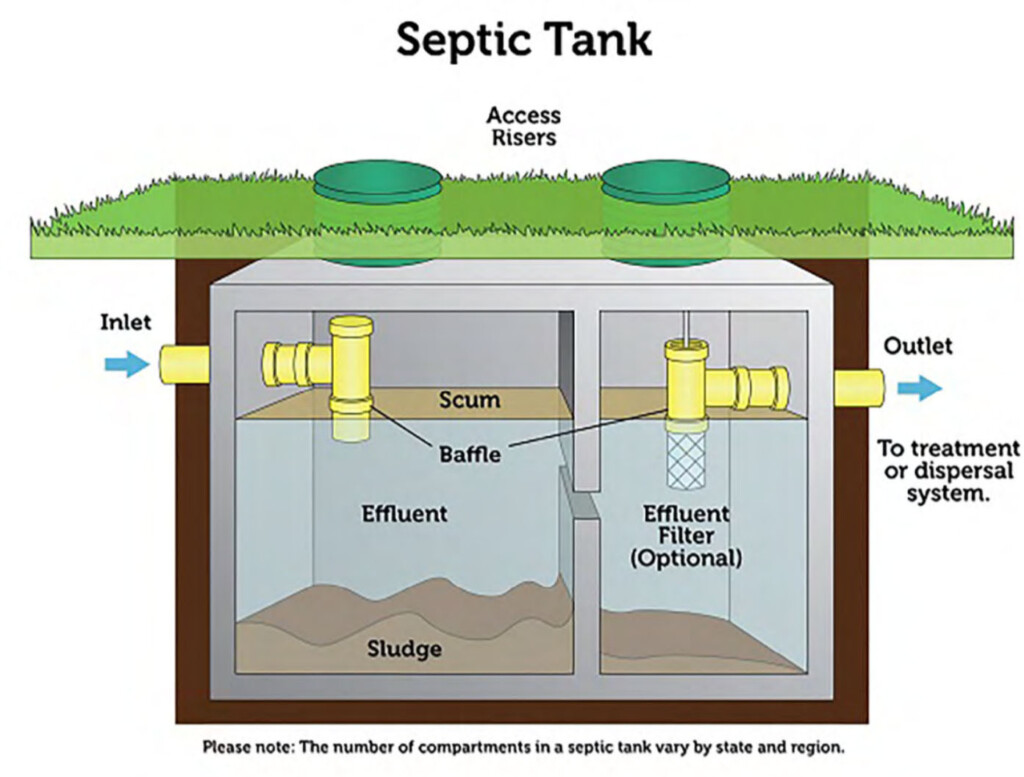 An illustrated diagram of a spetic tank in detail. Two baffles regulate the inlet and the outlet of the tank, and a partial barrier bisects the tank into two sections. sludge accumulates on the bottom of the tank while scum floats on the top.