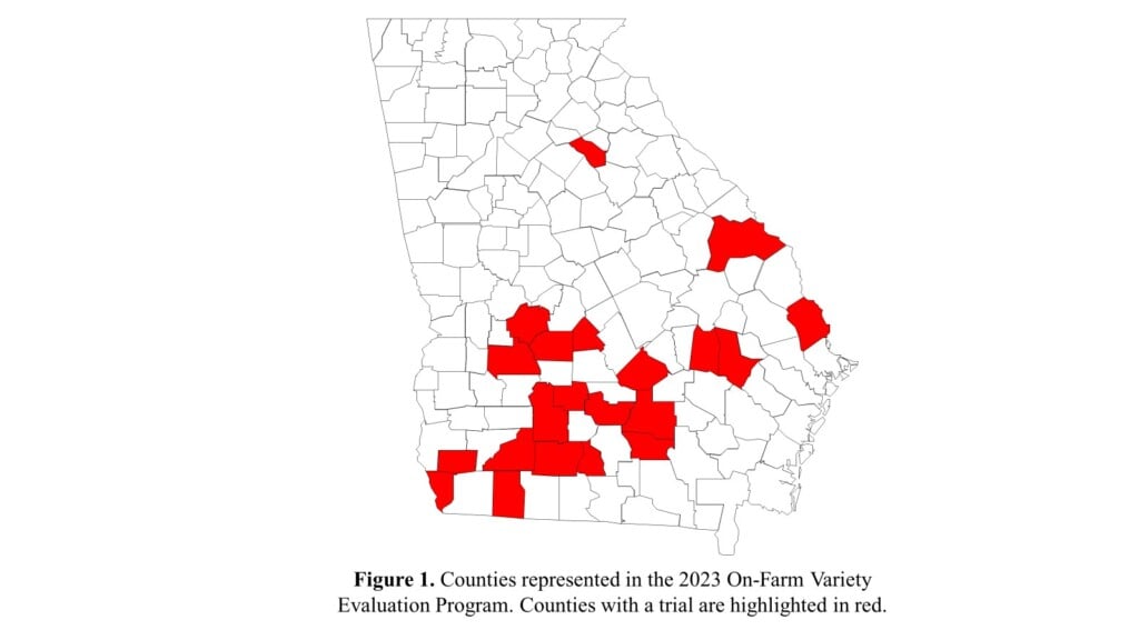 Cotton variety trials in Georgia. A map of Georgia counties is outlined in black against a white background. The counties represented in this report and listed out in Table 1 are highlighted in red.