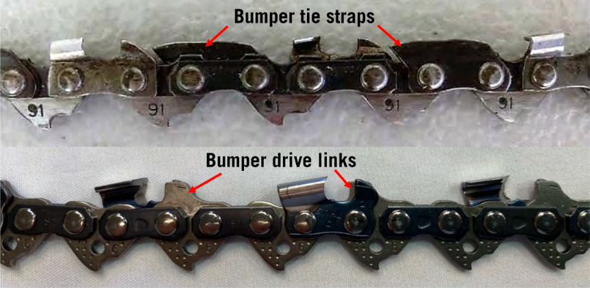 A closeup photo of a pair of bumper ties, highlighting the straps and links along the length of the chain.