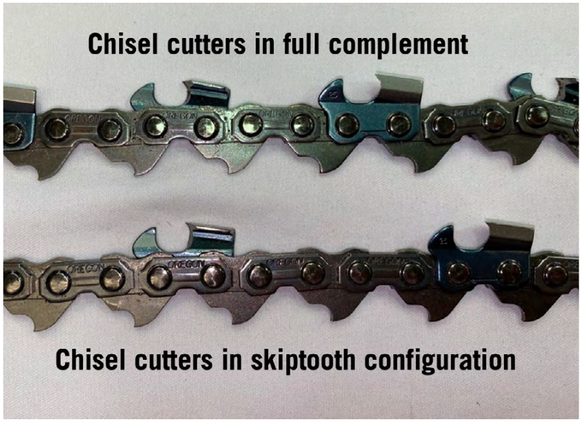 Two chainsaw cutter configurations along a chain, one that has a full compliment and one that has chisel cutters in skiptooth configuration.