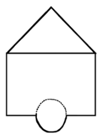 An image of a square that overlaps half of a small scircle at it's bottom center and is tangential to a triangle on one side.