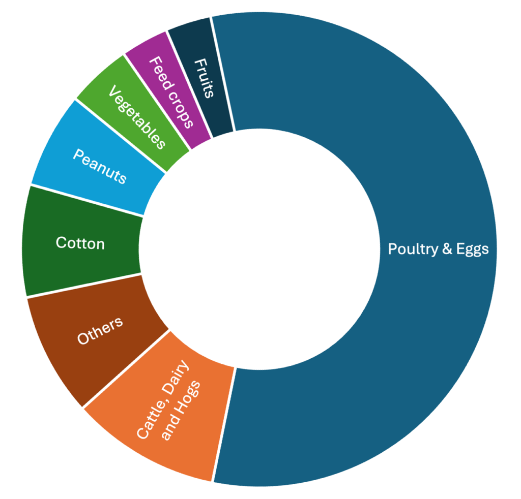 Poultry and eggs are the largest commodity category in 2024 by cash receipts in Georgia, followed by the cattle, dairy, and hogs category, misc others, cotton, peanuts, veggies, feed crops, and fruits.