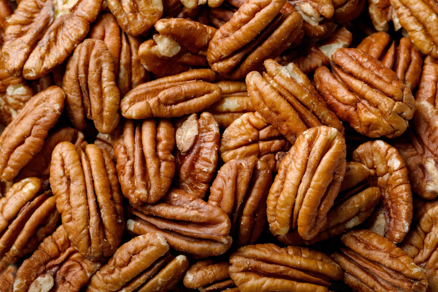 A closeup of shelled pecan halves