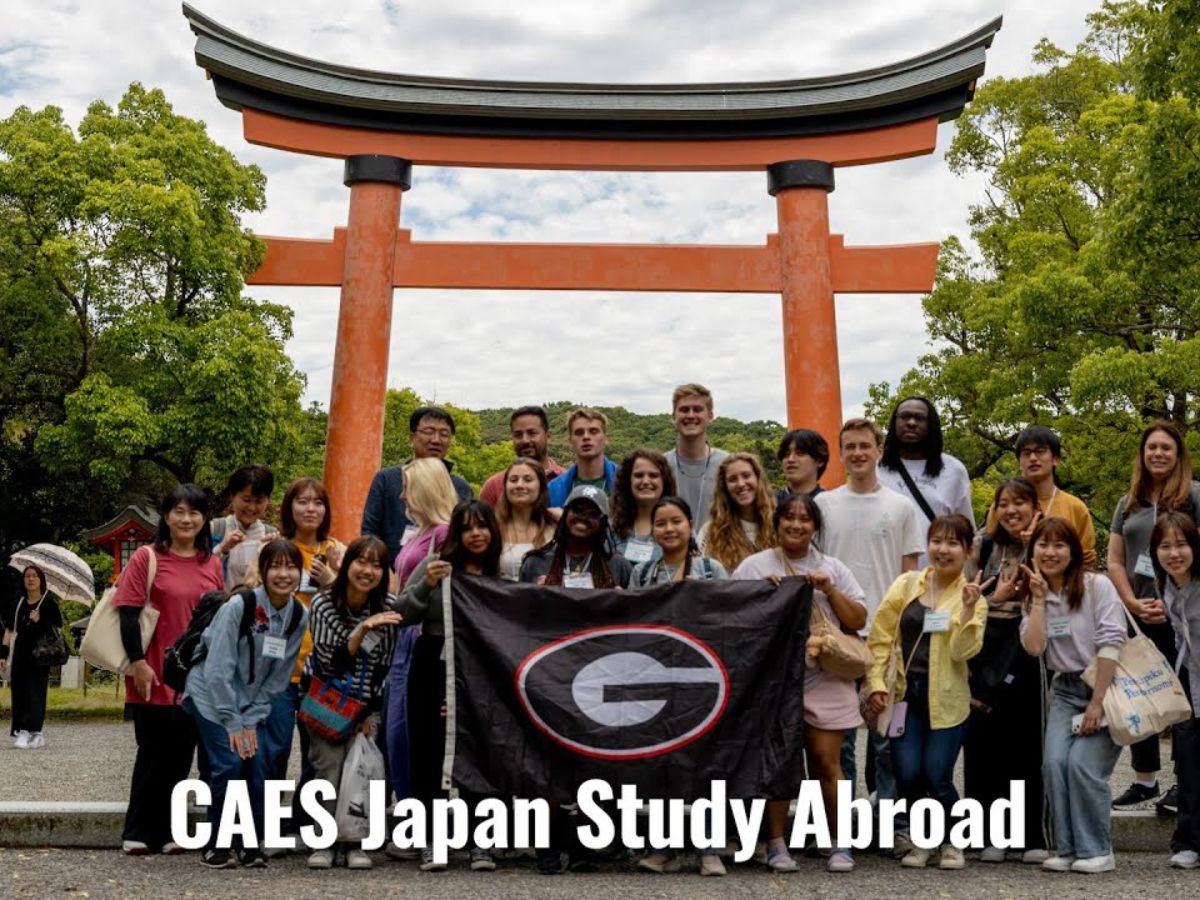 CAES students posing with the UGA flag in front of the Usa Jingu shrine with the words "CAES Japan study abroad" overlayed in white.