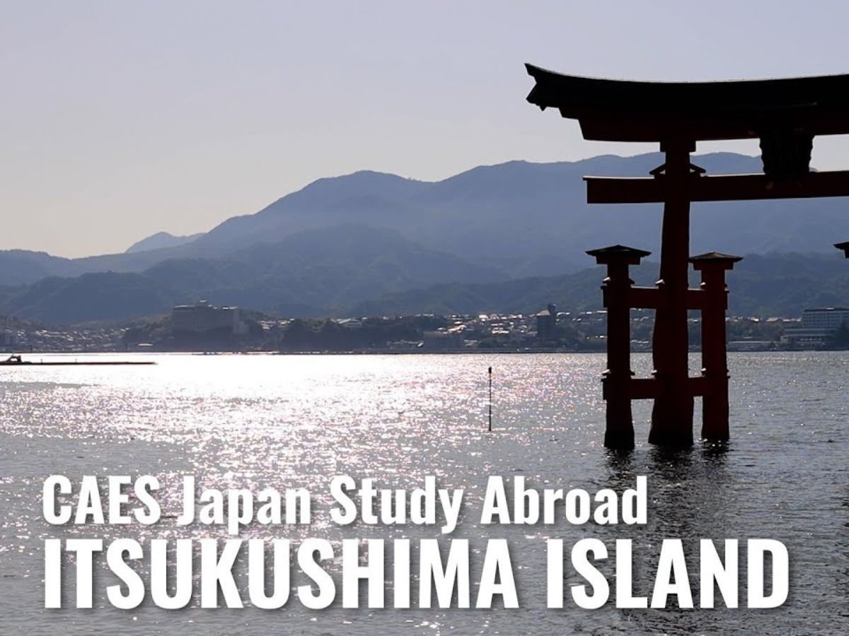 A Torri gate standing in water with the words "CAES Japan Study Abroad: Itsukushima Island" overlayed in white.