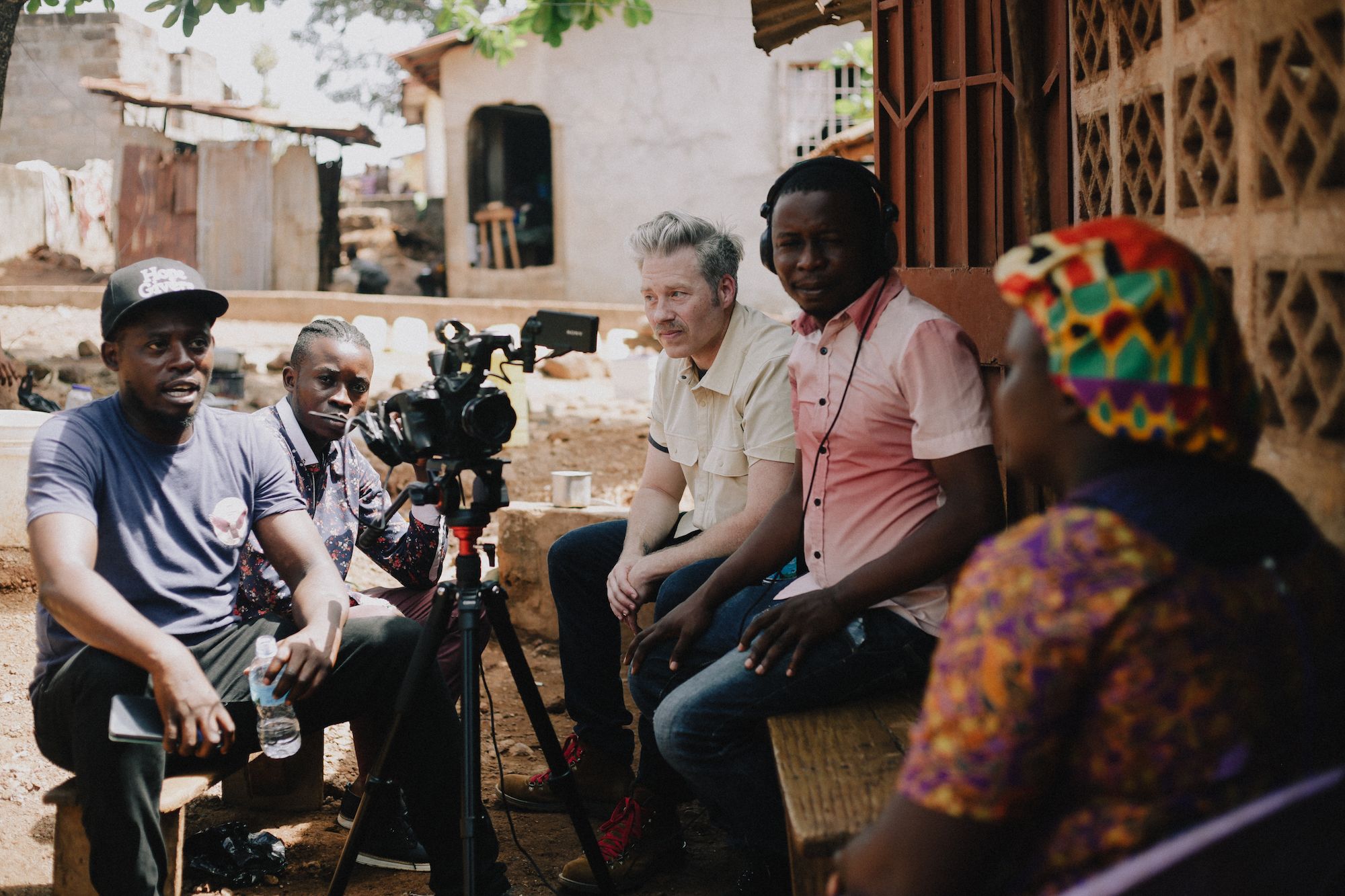 Tamlin Hall and his colleagues work on a film in Sierra Leone