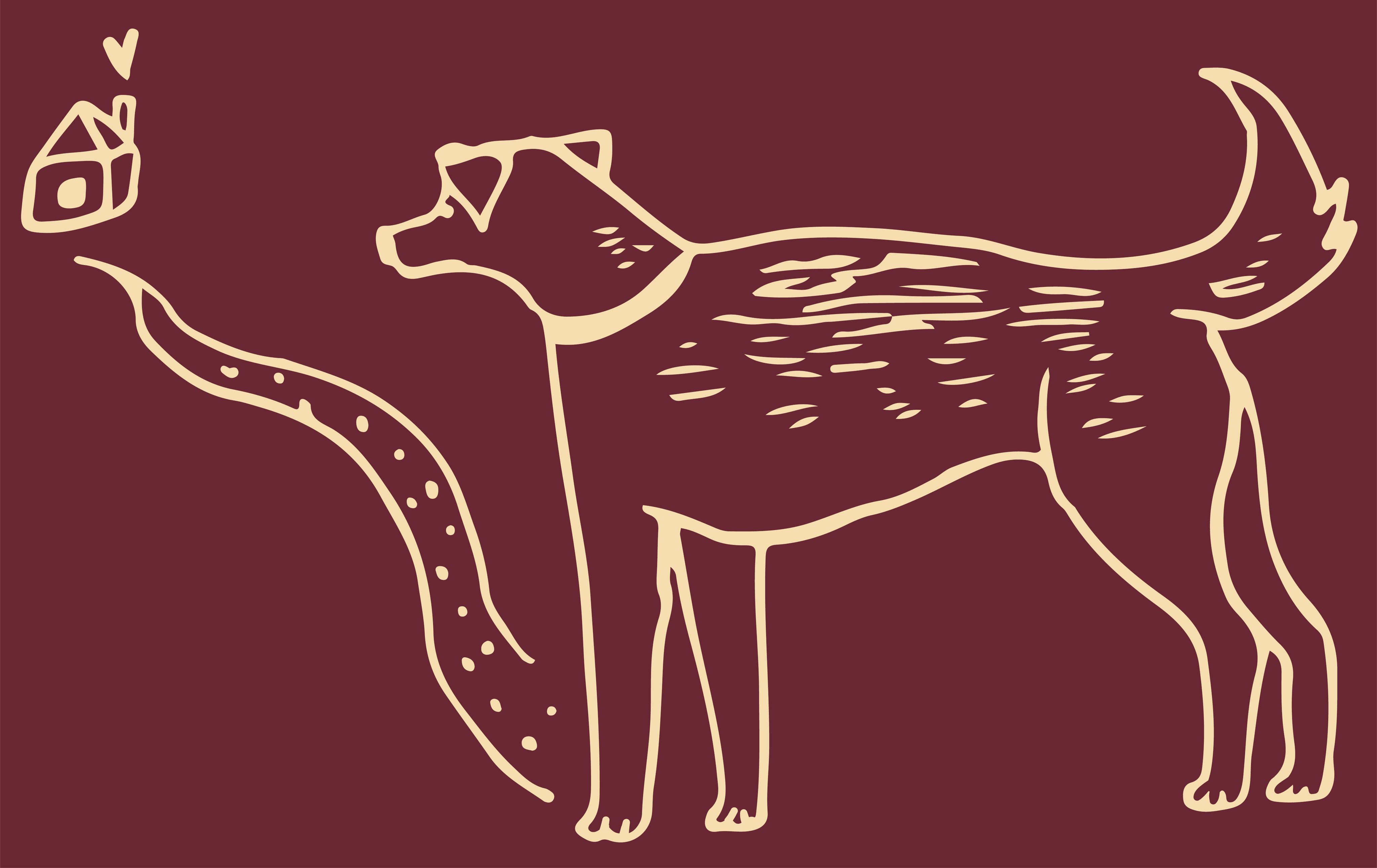 A cartoon drawing of a dog following a road towards a little house with a heart above it