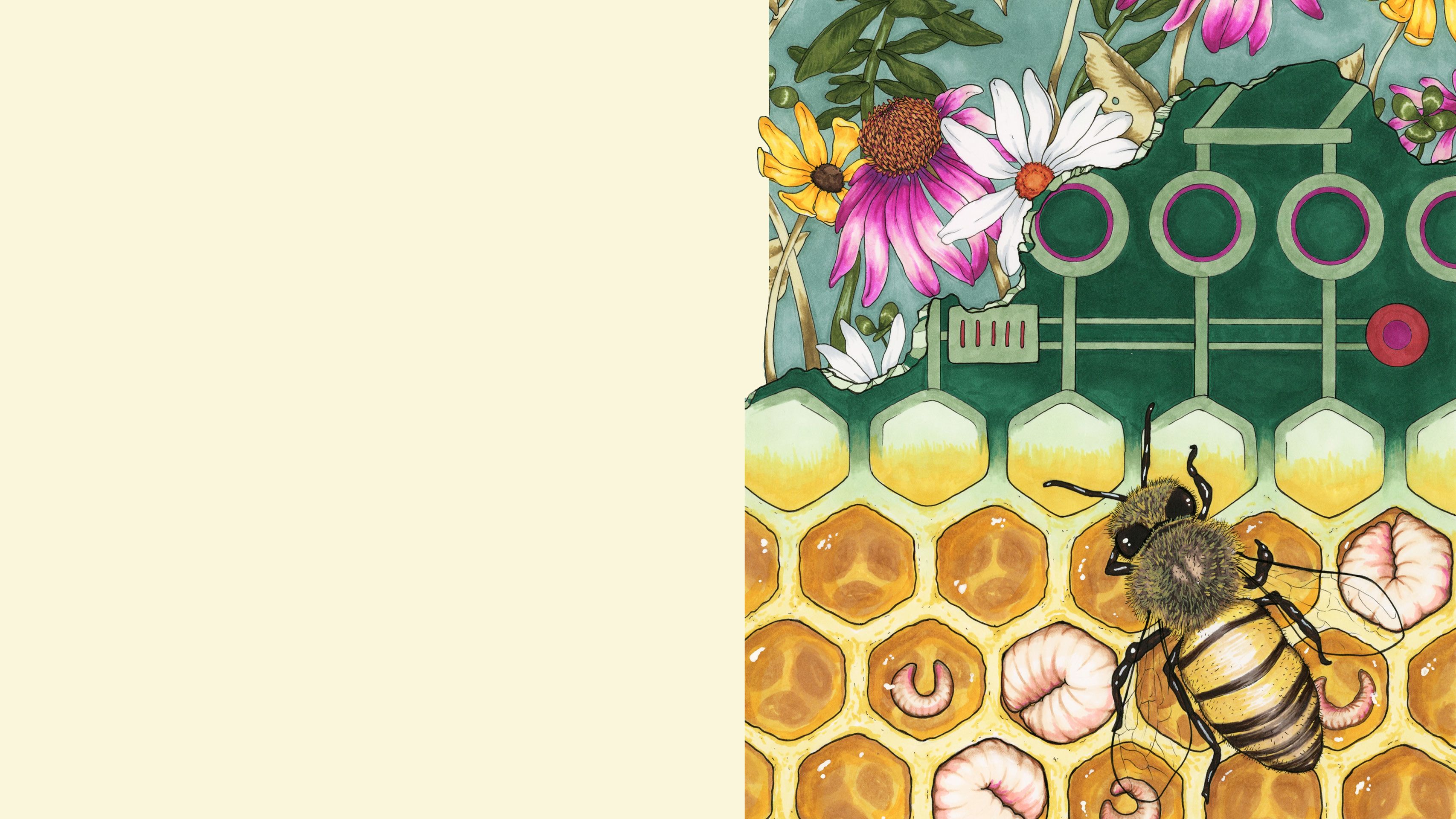 A honeybee rests on a honeycomb pattern that fades into a computer chip pattern. Wildflowers line the top border.