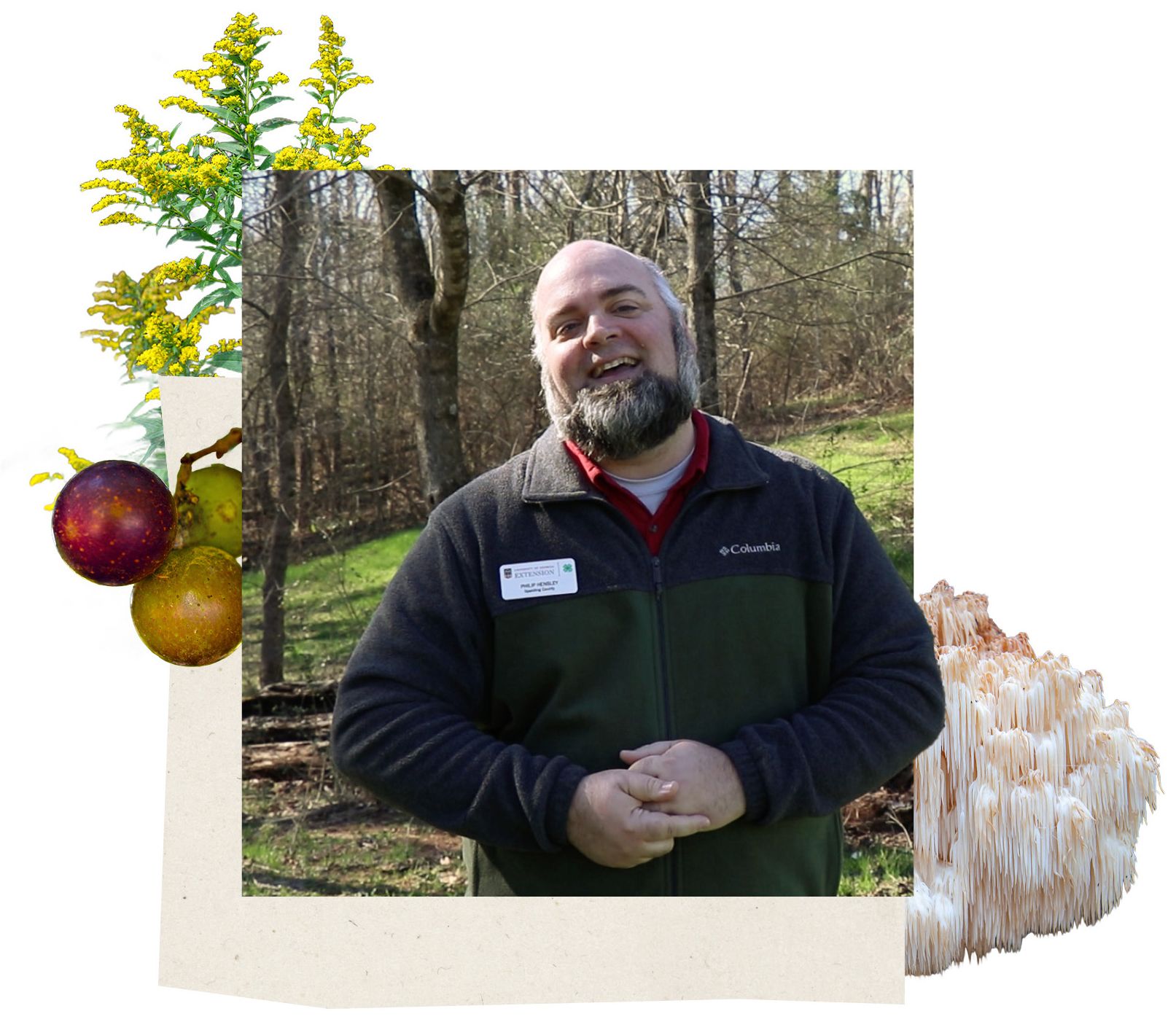Phillip Hensley in a black Columbia jacket with a clipart background of ferns, fruiit, and mushrooms