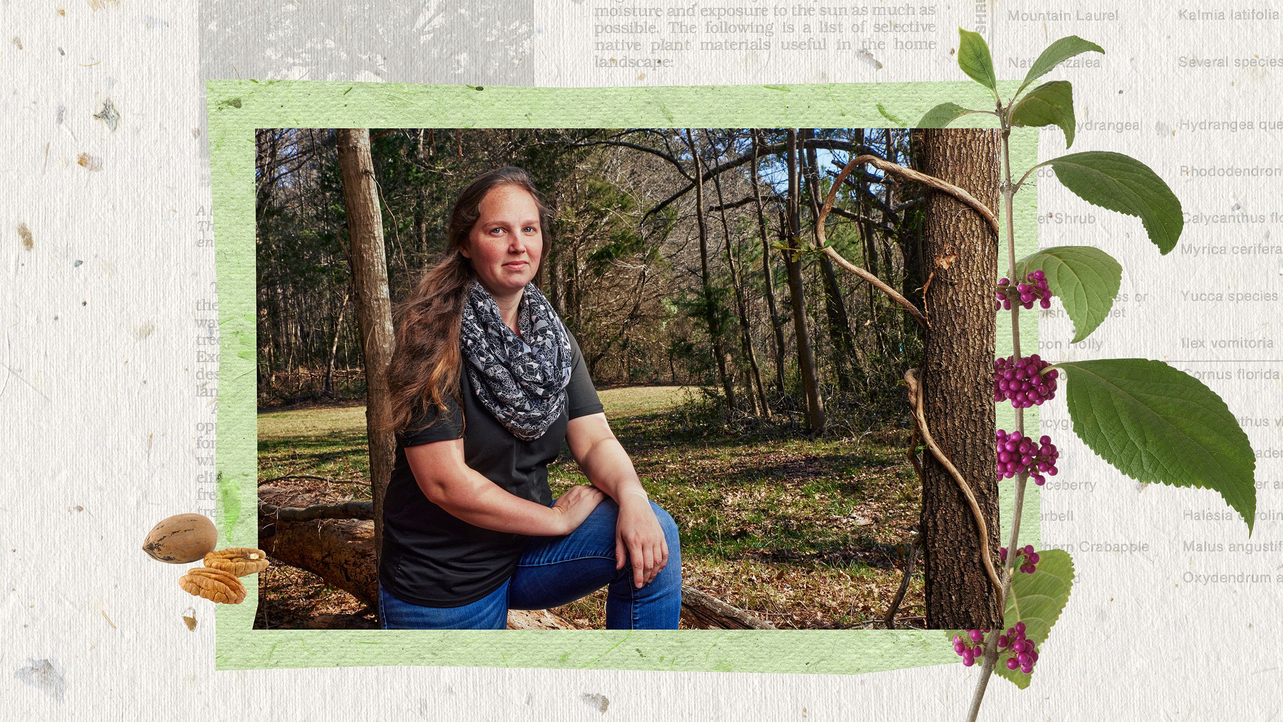 Brooklyne Wassel wearing a black shirt and patterned scarf sits on a tree stump in a forest, looking confidently at the camera.