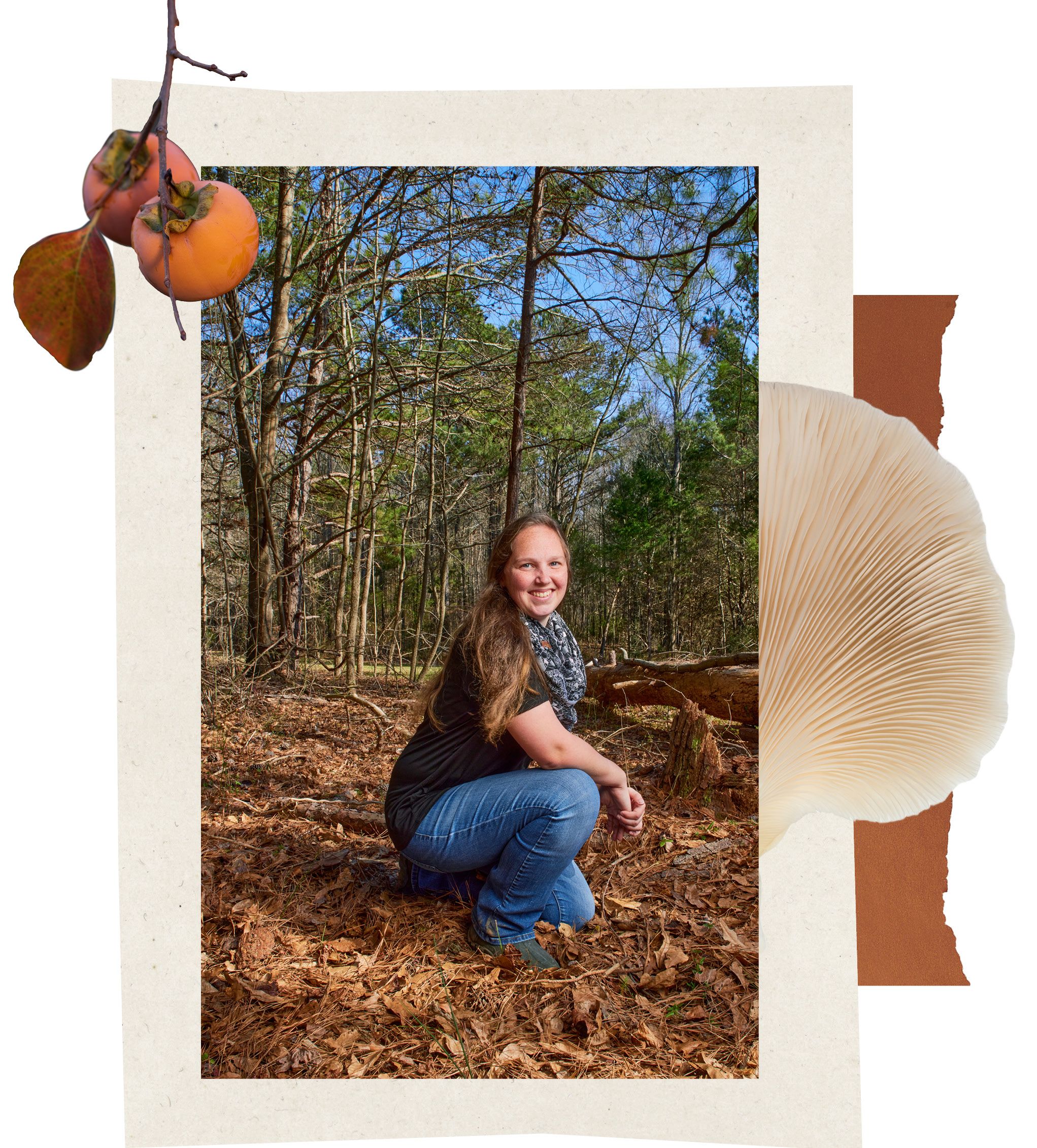 Brooklyne Wassel kneeling on a forest floor