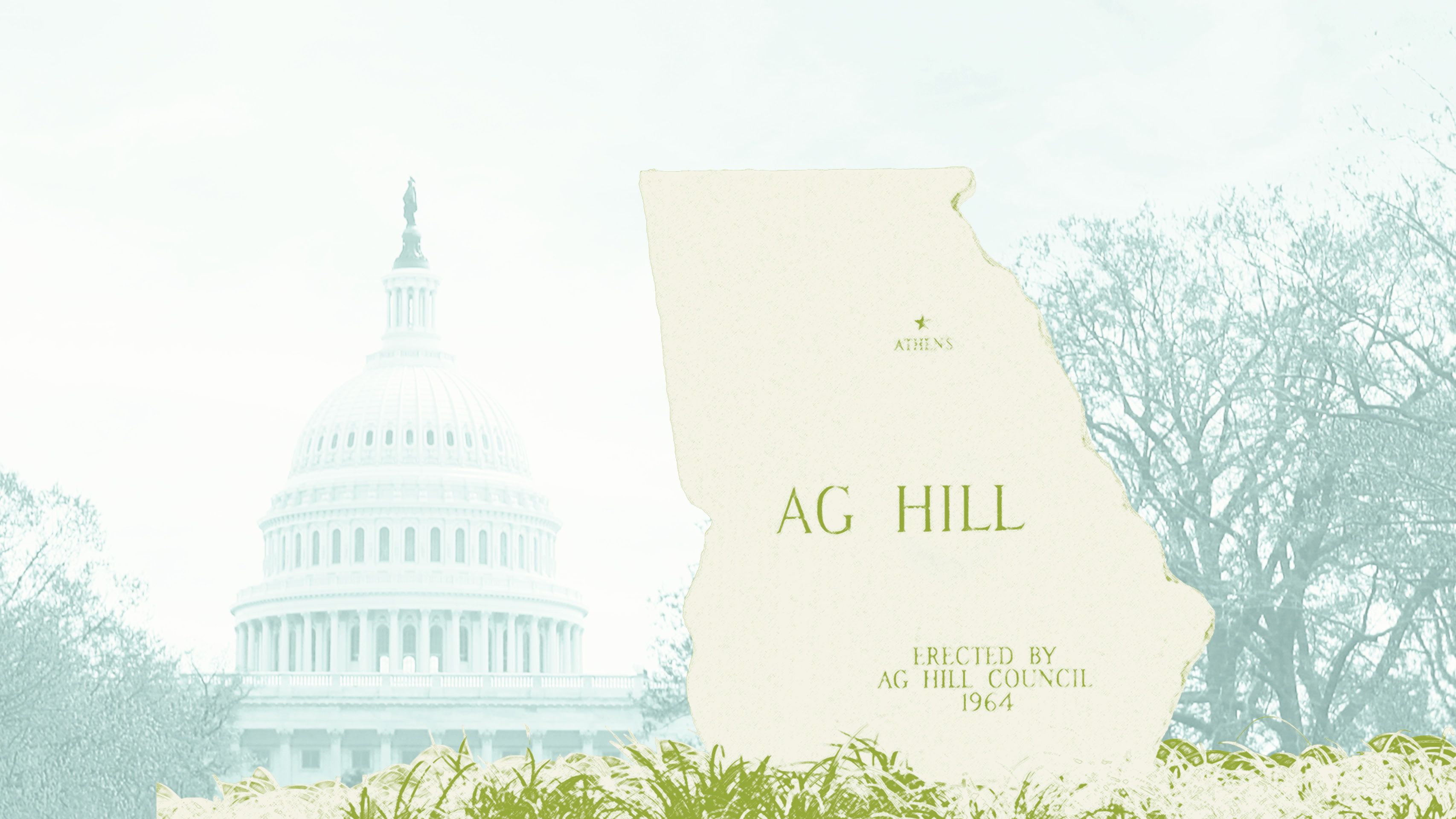 Georgia-shaped Ag Hill sign with the capitol building in the background