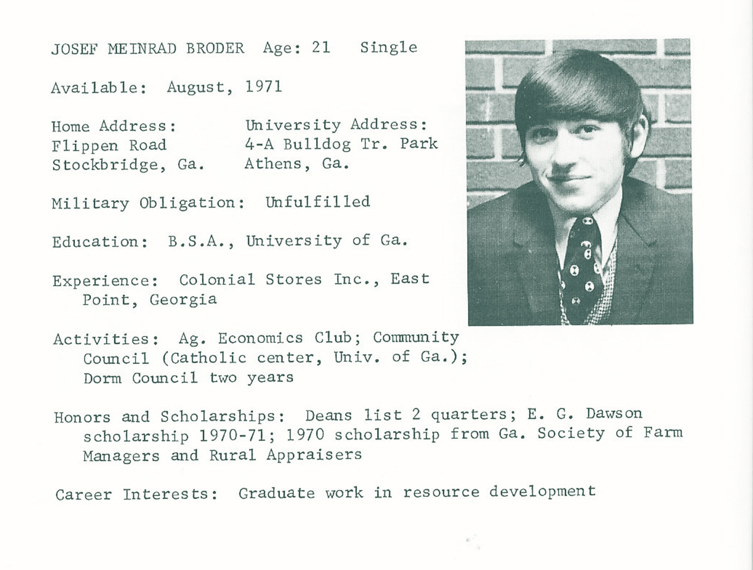 Joe Broder's UGA senior brochure with a photo of him and information on his activities, experience, and awards