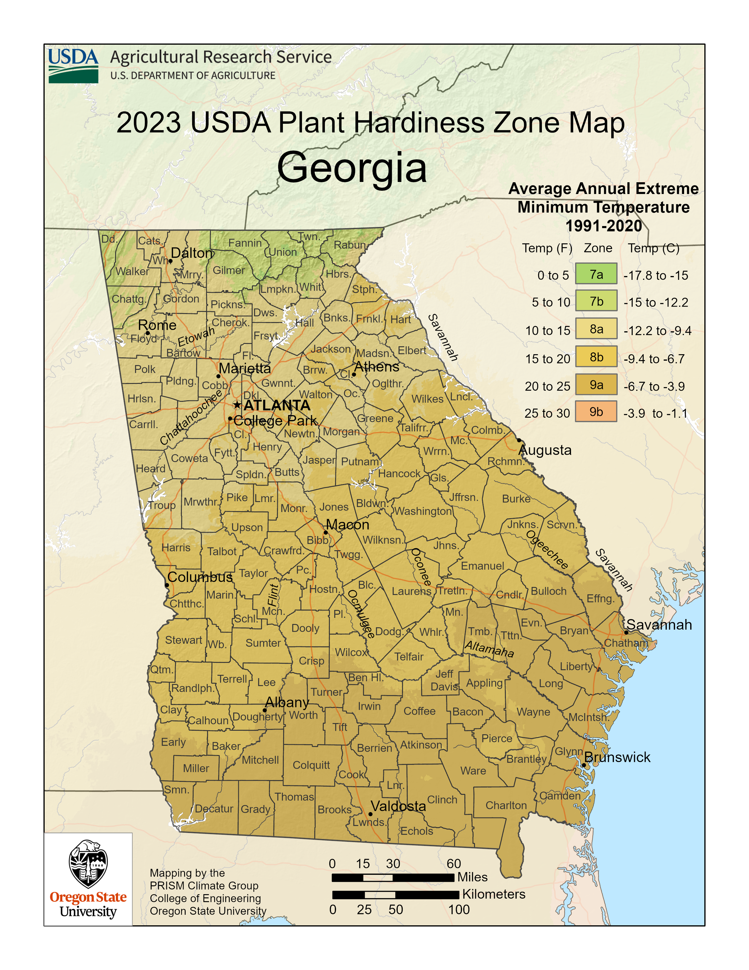 An image of the 2023 USDA Plant Hardiness Zone map of Georgia, which depicts the various zones throughout the state with color-coded categories.