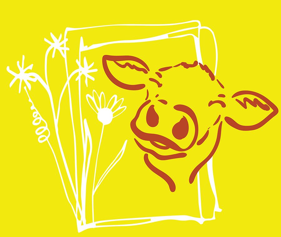 A cartoon cow with a friendly smile surrounded by white flowers and grass on a yellow background.