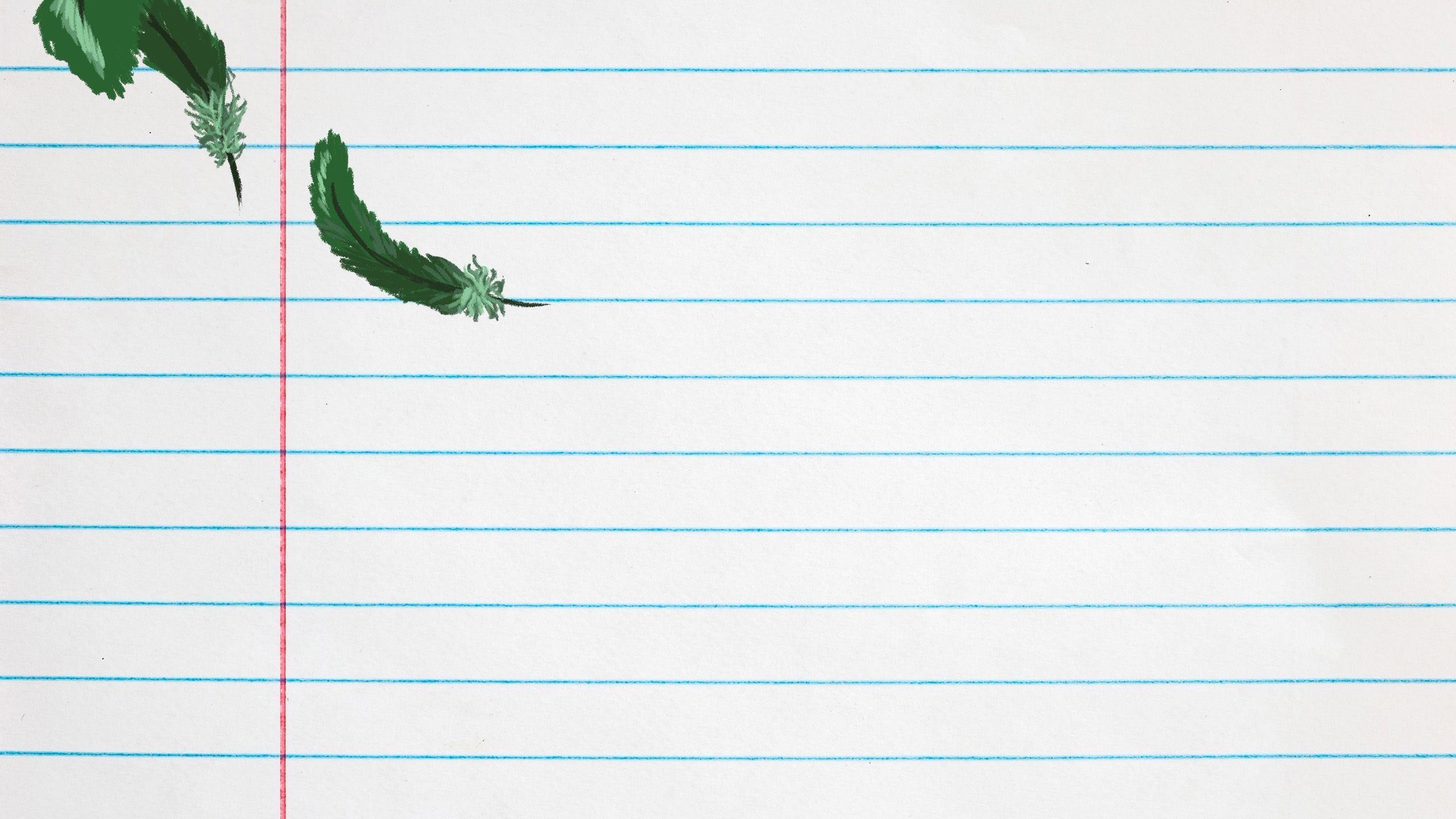 A decorative background with drawn green feathers falling against lined notebook paper
