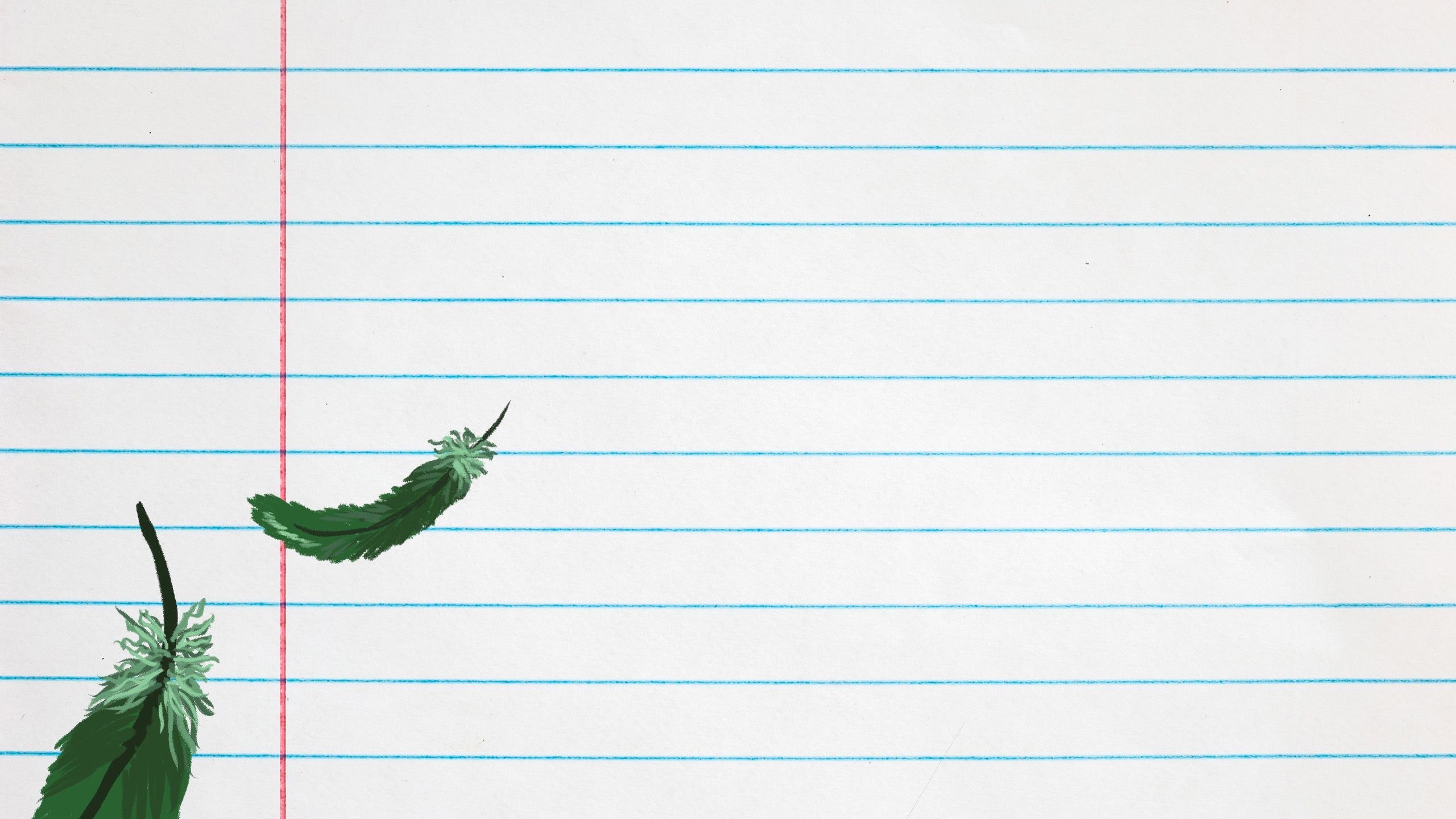 A decorative background with drawn green feathers falling against lined notebook paper