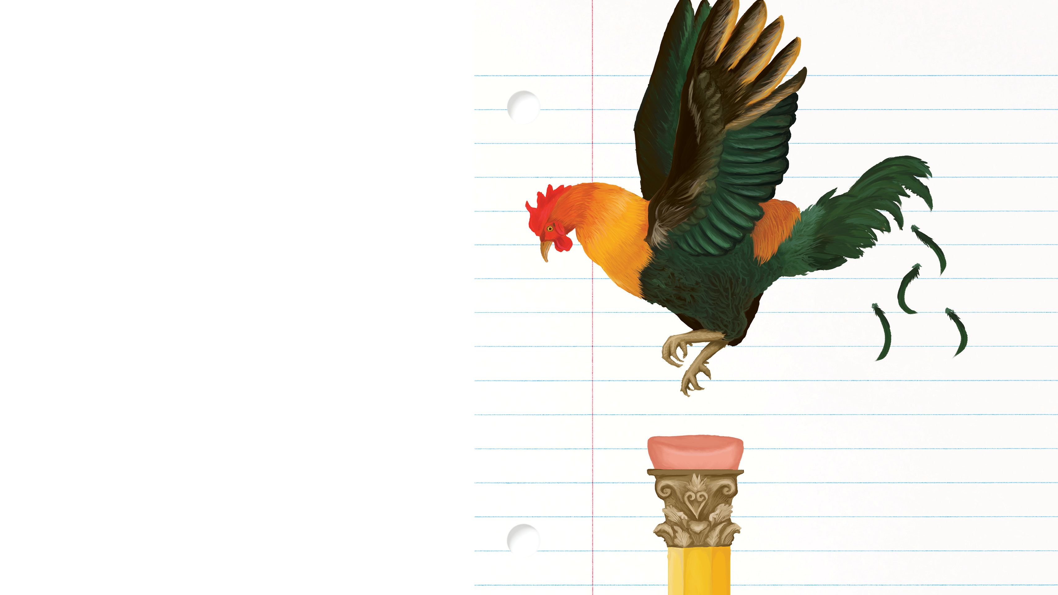 Drawing of a rooster flying above a pencil eraser set against a background of lined notebook paper