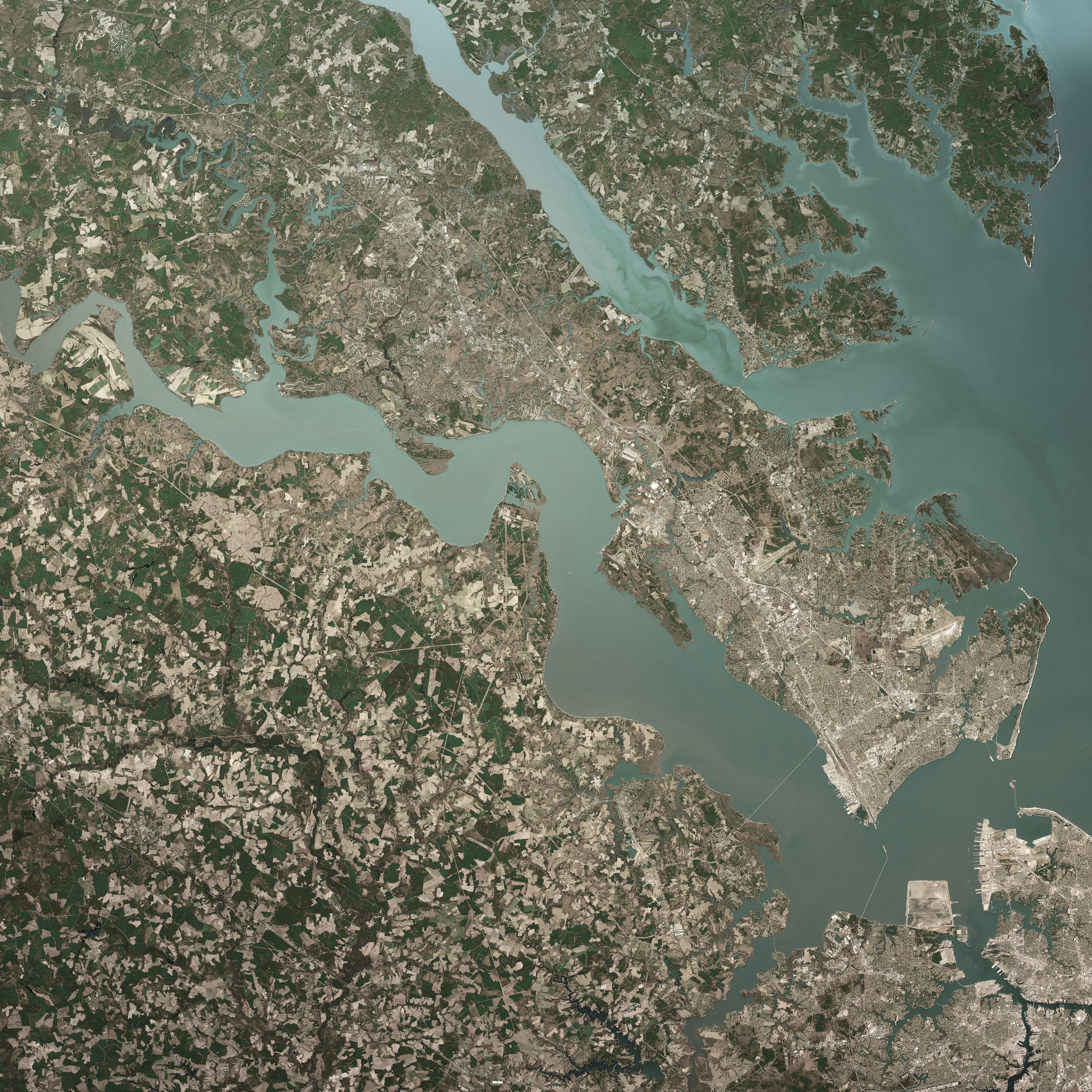 3D render of a satellite image of the Chesapeake Bay area in Newport News Virginia.