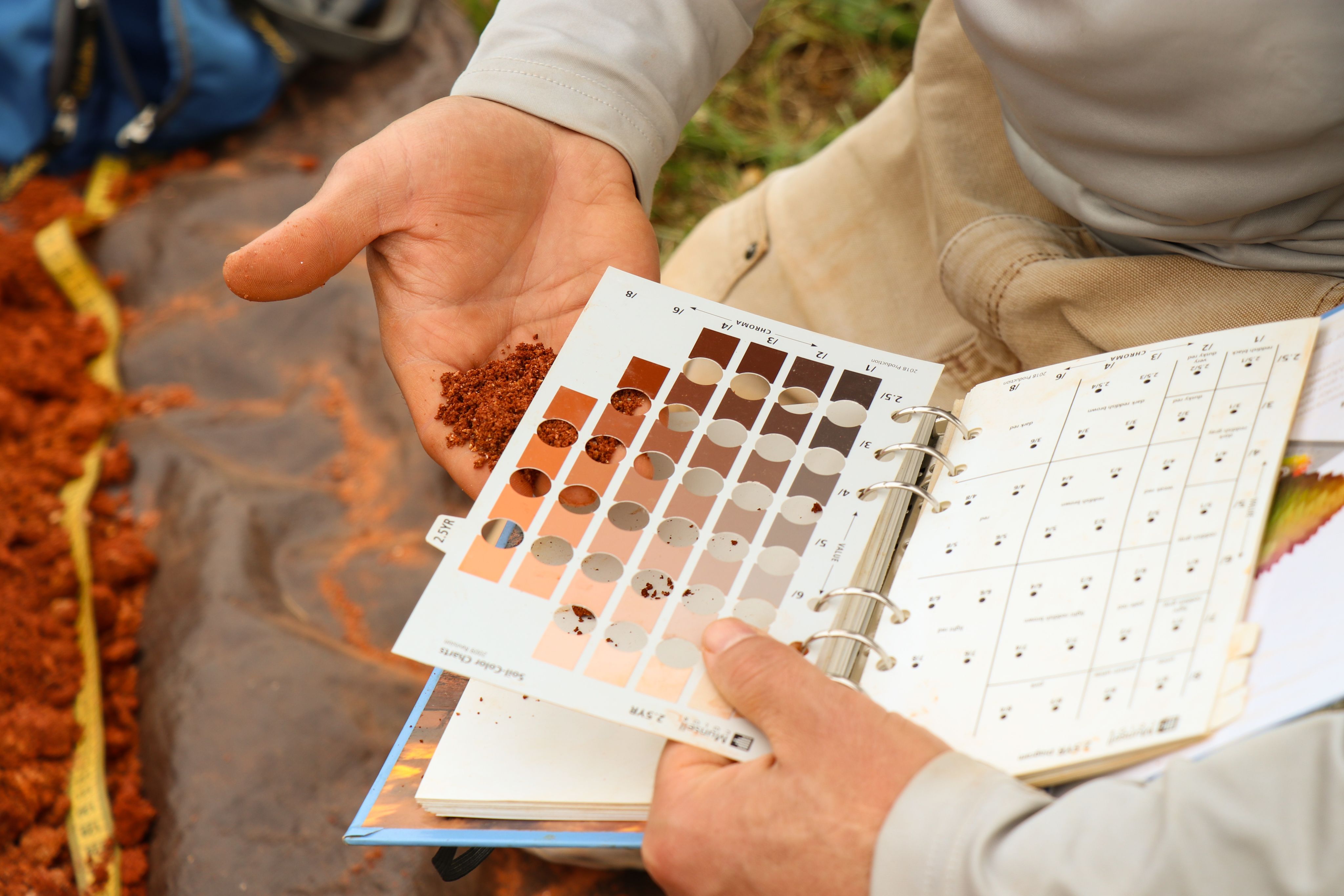 A person kneeling in a field holds orange-colored soil underneath a soil classification diagram. 