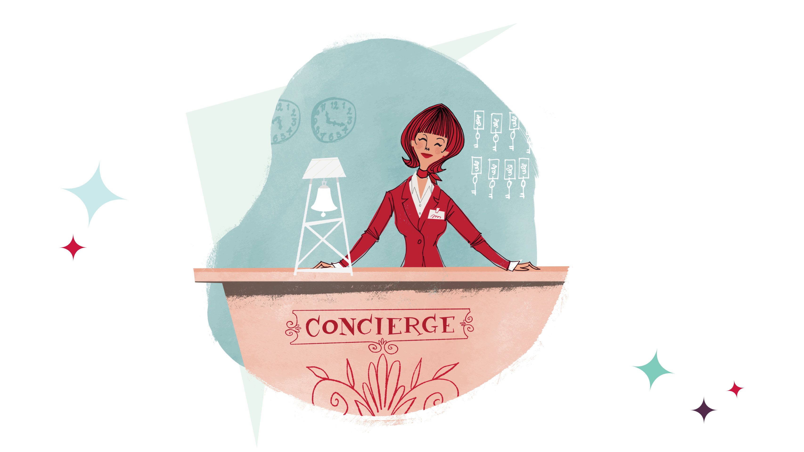 A cartoon illustration of a concierge with red hair, wearing a red suit, standing behind a counter that says "concierge" with a bell and keys.