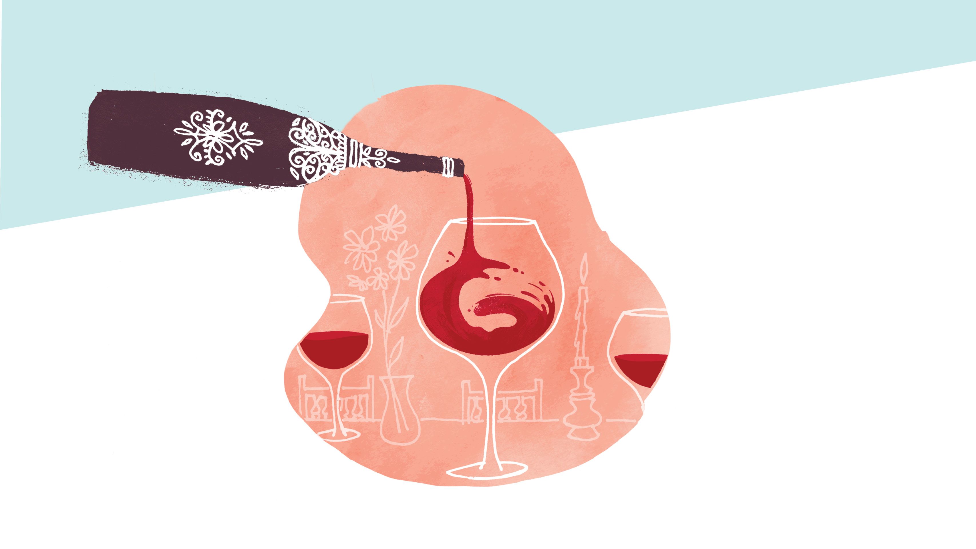 A watercolor illustration of wine glasses, a vase of flowers, and a candle on a table.
