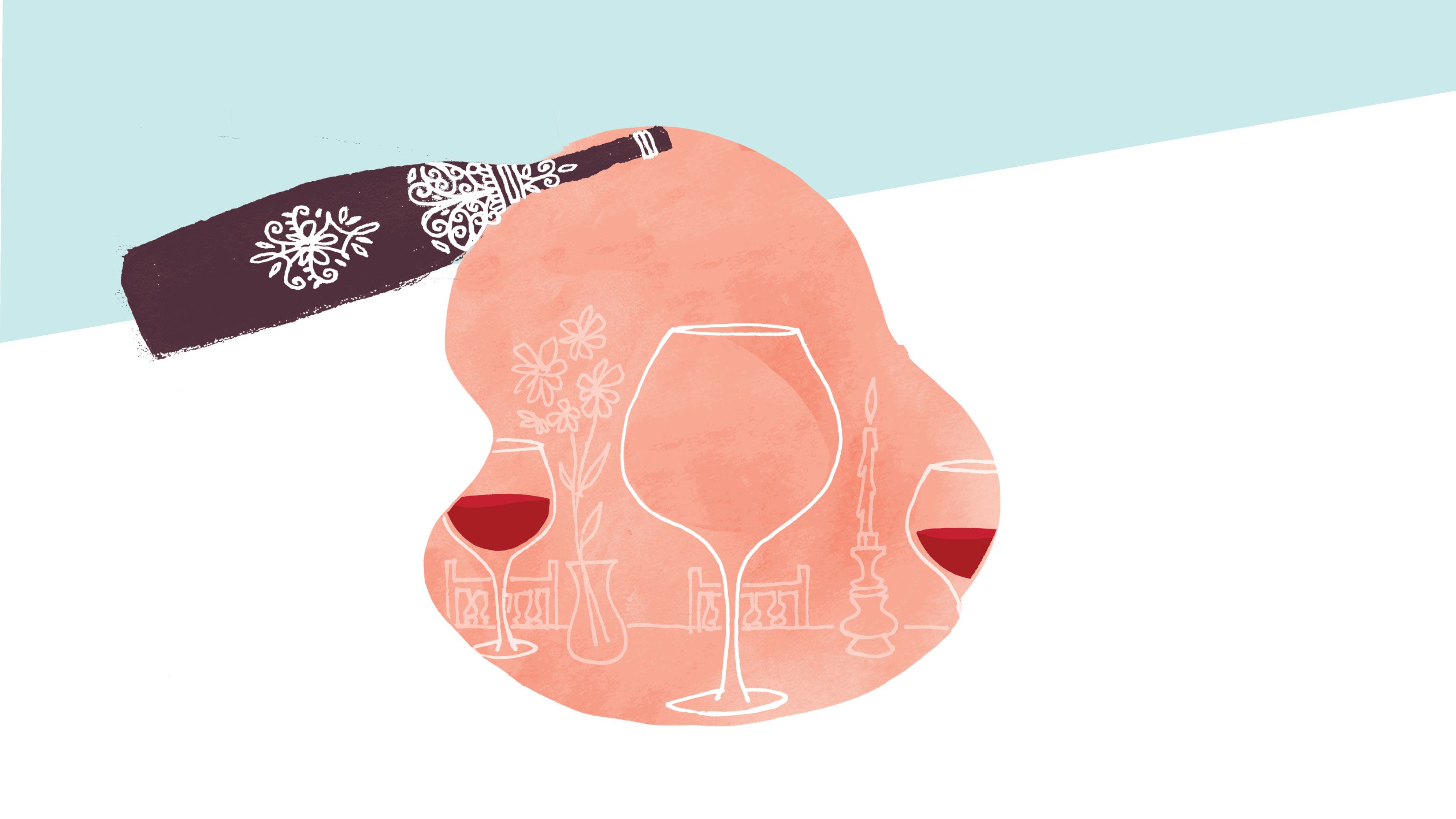 A watercolor illustration of wine glasses, a vase of flowers, and a candle on a table.