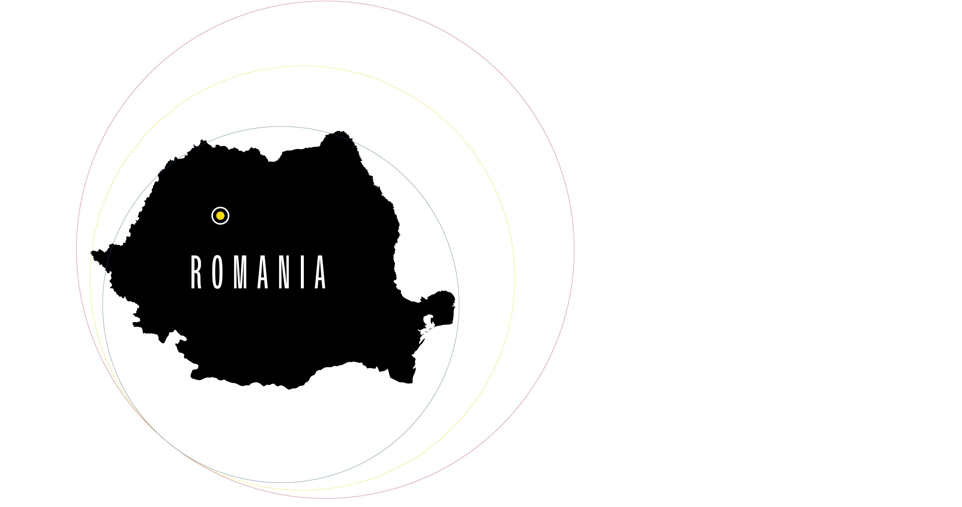 A black and white map of Romania with a yellow circle highlighting the University of Agricultural Sciences and Veterinary Medicine of Cluj-Napoca